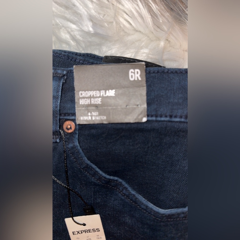 NWT Express Dark Denim (soft feel) Cropped Flare High Rise Jeans, Raw Hem